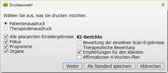 Druckauswahl im Bioresonanz-Modul mit auswählbaren Berichtsinhalten