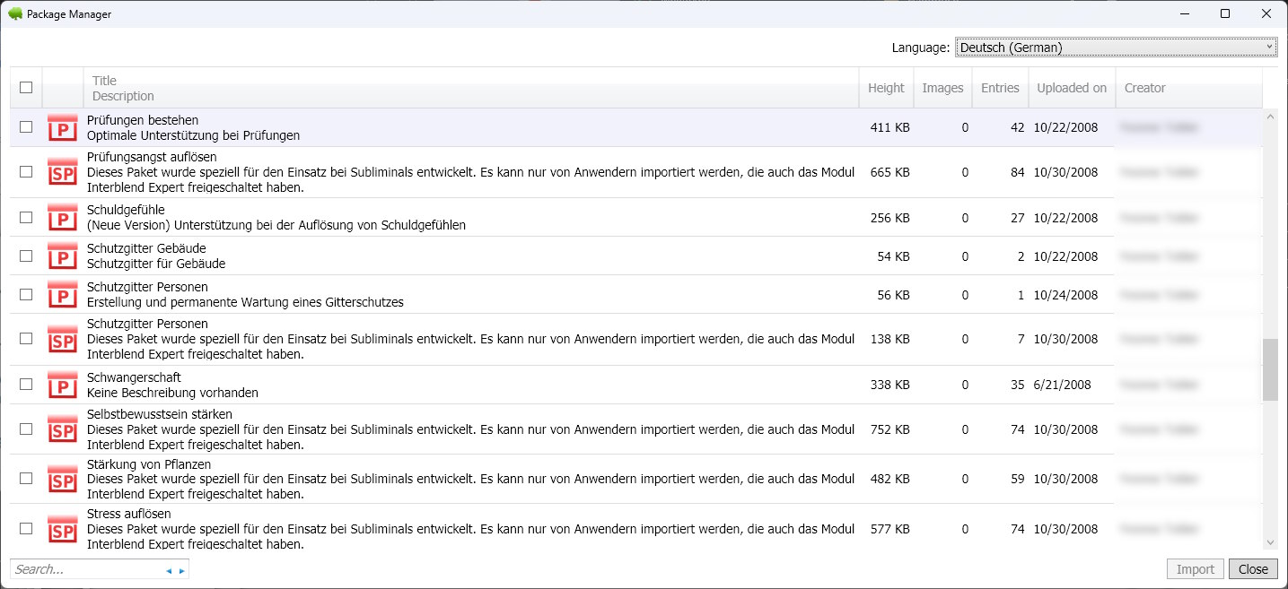 Gekürzte Beispielansicht des Paket-Managers mit auswählbaren vorgefertigten Paketen