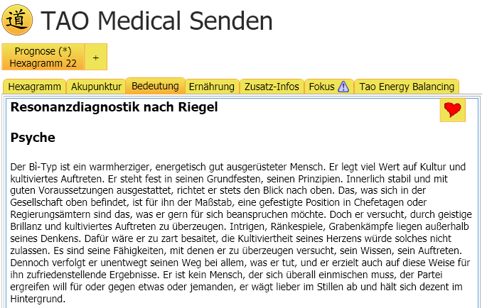 TAO-Medical-Register mit einem beispielhaften Deutungstext zum Hexagramm im Bereich Psyche